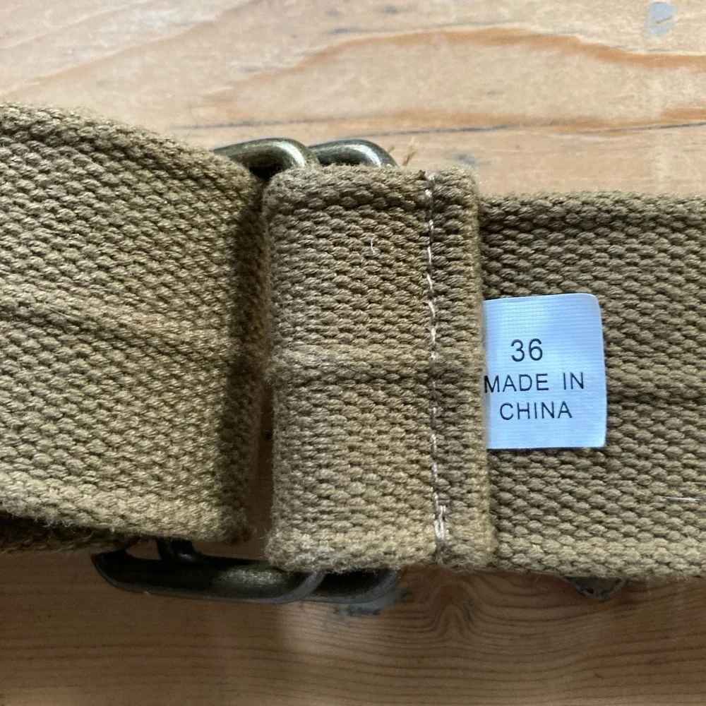 Khakis Heavy Canvas Double Rectangular Ring Brass Look Utility Belt Says 36